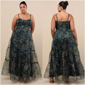 LULU'S Exclusive Glamour Green Floral Organza Tiered Maxi Dress